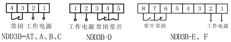 常閉 工作電源 NDD3B-AT、A、B、C，工作電源 常閉常開 NDD3B-D，常開常閉 工作電源 BDD3B-E、F