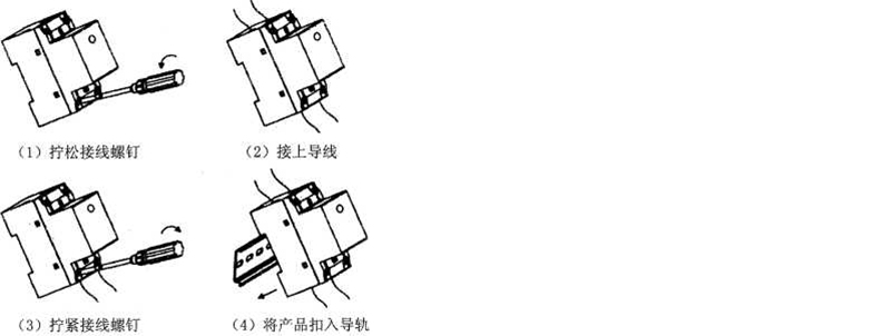 操作步驟：1、擰松接線螺釘；2、接上導線；3、擰緊接線螺釘；4、將產品扣入導軌
